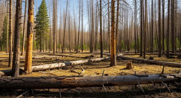 Laajamittainen häiriö. Kuusivaltainen metsä, jossa on näkyviä merkkejä stressistä ja luonnon monimuotoisuuden puutteesta.